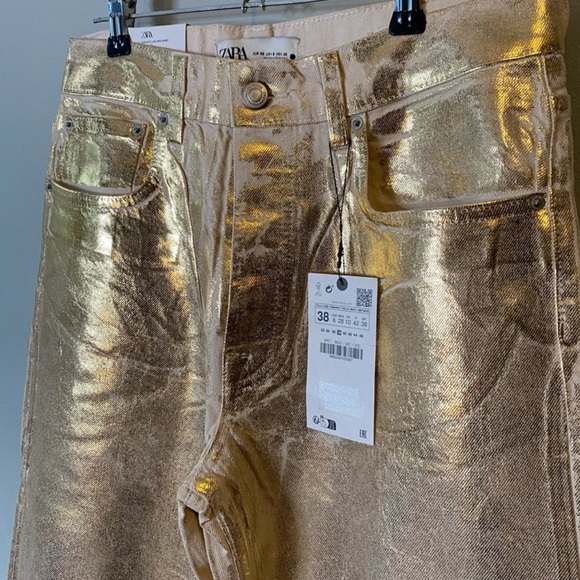 NWT Zara Boy Fit Gold Metallic Jeans. - Picture 2 of 6